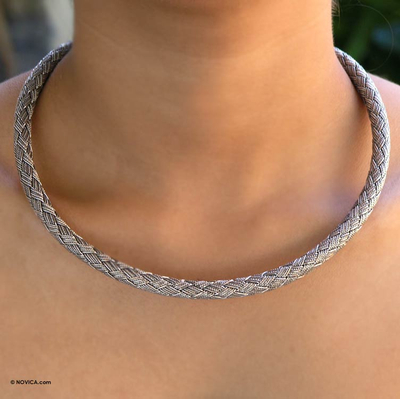 Sterling silver braided necklace, 'Petrified Rope' - Sterling silver braided necklace
