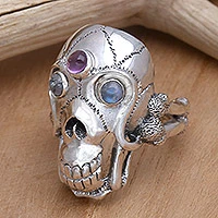 Men's rainbow moonstone and amethyst ring, 'Immortal' - Men's Indonesian Silver and Amethyst Skull Ring