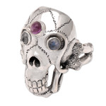 Men's rainbow moonstone and amethyst ring, 'Immortal' - Men's Indonesian Silver and Amethyst Skull Ring