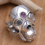 Men's rainbow moonstone and amethyst ring, 'Immortal' - Men's Indonesian Silver and Amethyst Skull Ring