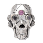 Men's rainbow moonstone and amethyst ring, 'Immortal' - Men's Indonesian Silver and Amethyst Skull Ring