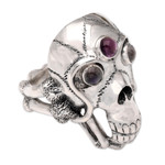 Men's rainbow moonstone and amethyst ring, 'Immortal' - Men's Indonesian Silver and Amethyst Skull Ring