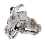 Men's rainbow moonstone and amethyst ring, 'Immortal' - Men's Indonesian Silver and Amethyst Skull Ring