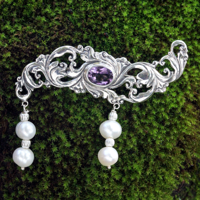 Cultured pearl and amethyst brooch pin, 'Misty Dew' - Amethyst and Pearl Sterling Silver Brooch Pin