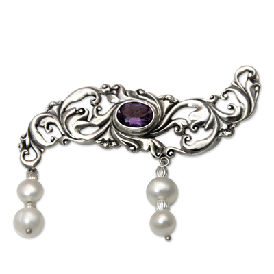 Cultured pearl and amethyst brooch pin, 'Misty Dew' - Amethyst and Pearl Sterling Silver Brooch Pin