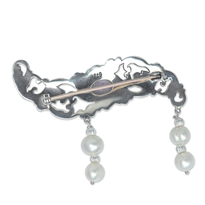 Broche de perlas cultivadas y amatista - Broche de plata de ley con amatista y perla