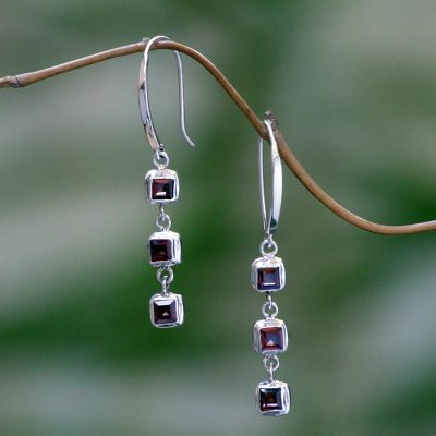 Garnet dangle earrings, 'Hit by Fire' - Garnet dangle earrings