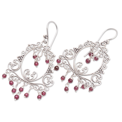 Garnet chandelier earrings, 'Smiling Clown' - Garnet Sterling Silver Filigree Earrings