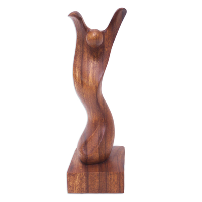 Wood statuette, 'Joyous Dance' - Suar Wood Sculpture