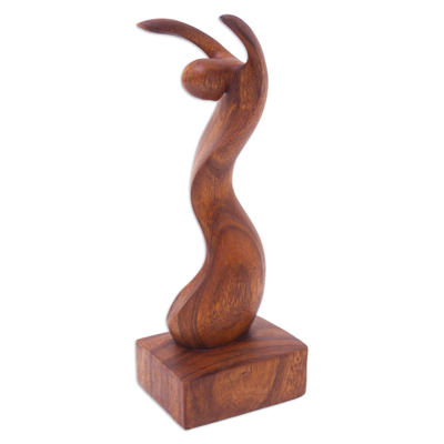 Wood statuette, 'Joyous Dance' - Suar Wood Sculpture