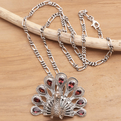 Garnet pendant necklace, 'Crimson Peacock' - Garnet pendant necklace