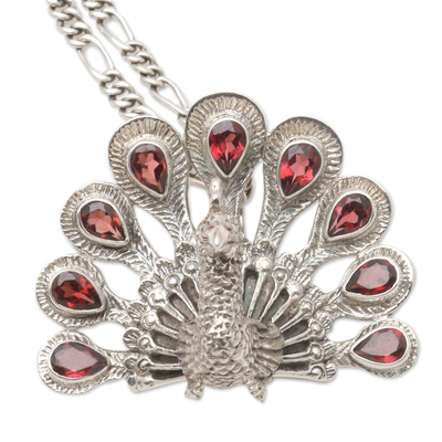 Garnet pendant necklace, 'Crimson Peacock' - Garnet pendant necklace
