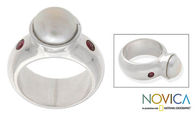 Cultured pearl and garnet ring, 'Moon in Bloom' - Handcrafted Modern Sterling Silver and Cultured Pearl Ring
