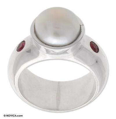 Cultured pearl and garnet ring, 'Moon in Bloom' - Handcrafted Modern Sterling Silver and Cultured Pearl Ring