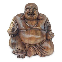 Suar Wood Sculpture - Laughing Buddha | NOVICA