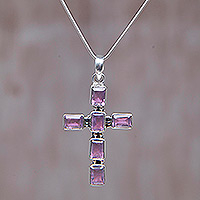 Amethyst cross necklace, 'Violet Light'