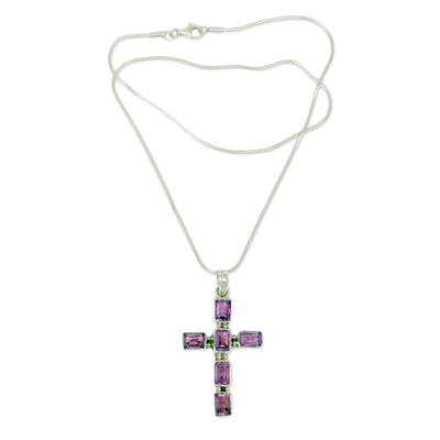 Amethyst cross necklace, 'Violet Light' - Amethyst Sterling Silver Cross Necklace