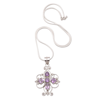 Amethyst cross necklace, 'Floral Cross' - Amethyst Sterling Silver Pendant Necklace 
