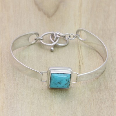 Turquoise wristband bracelet, 'Soul Mirror' - Sterling Silver Turquoise Wristband Bracelet