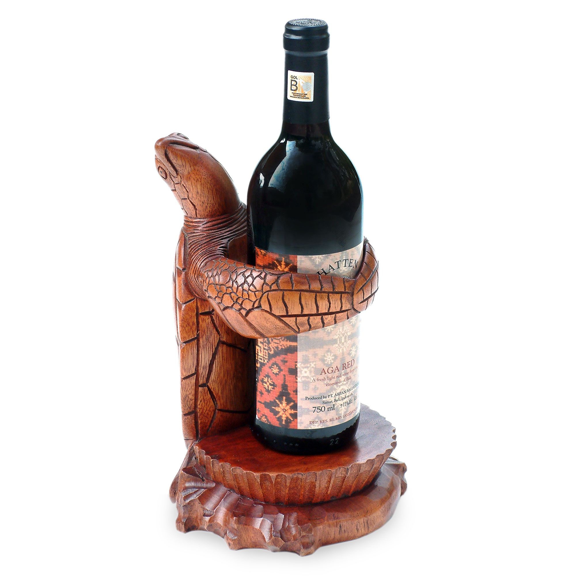 Carved Wood Turtle Wine Bottle Holder - Gift From The Sea 