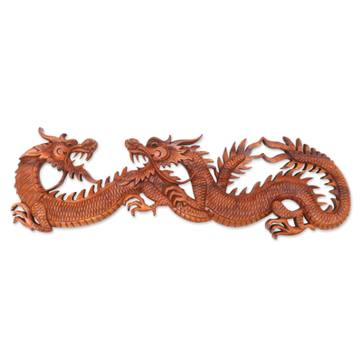 Wood wall adornment, 'Dragon Game' - Hand Crafted Wood Relief Panel