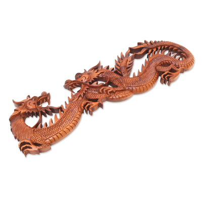 Wood wall adornment, 'Dragon Game' - Hand Crafted Wood Relief Panel