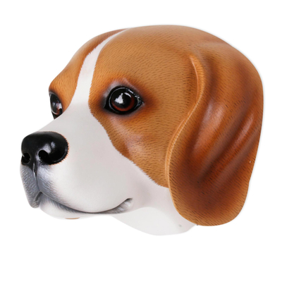 Wood mask, 'Sweet Brown Beagle' - Hand-Carved Wood Beagle Mask from Indonesia