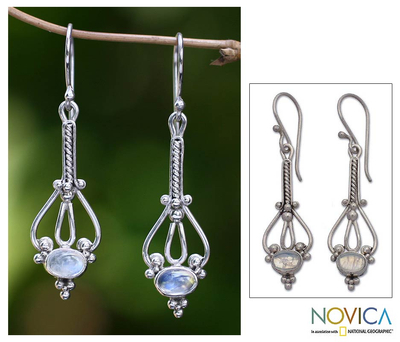 Rainbow moonstone dangle earrings, 'Pendulum' - Rainbow Moonstone and Silver dangle earrings