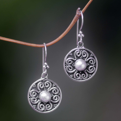 Pearl flower earrings, 'Moon Blossoms' - Floral Sterling Silver Pearl Dangle Earrings