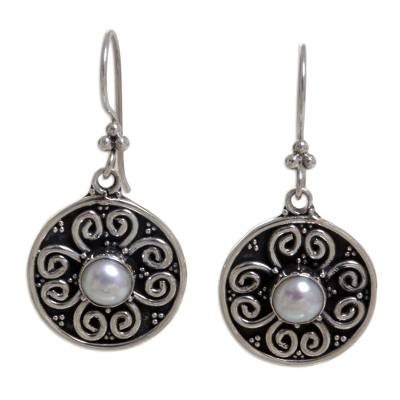 Pearl flower earrings, 'Moon Blossoms' - Floral Sterling Silver Pearl Dangle Earrings