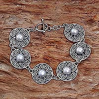 Cultured pearl link bracelet, 'Moon Flower'