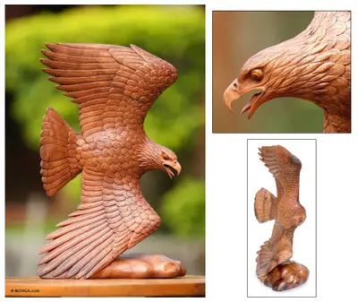 Wood sculpture, 'Eagle Eternal' - Wood sculpture