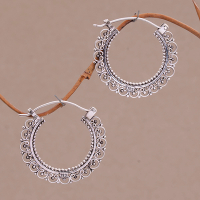 Sterling silver hoop earrings, 'Balinese Lace' - Artisan Jewellery Sterling Silver Hoop Earrings