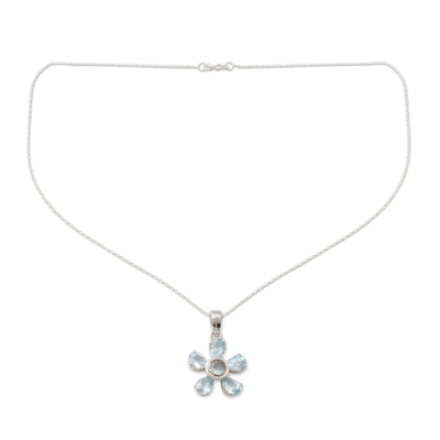 Blue topaz floral necklace, 'Forget-Me-Not' - Hand Made Floral Sterling Silver and Blue Topaz Necklace