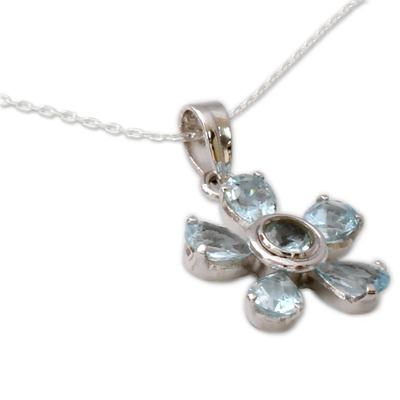 Blue topaz floral necklace, 'Forget-Me-Not' - Hand Made Floral Sterling Silver and Blue Topaz Necklace