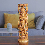 Hinduism Wood Sculpture Artisan Crafted, 'Lakshmi Goddess of Prosperity'