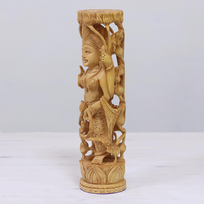 Wood statuette, 'Lakshmi, Goddess of Prosperity' - Hinduism Wood Sculpture Artisan Crafted