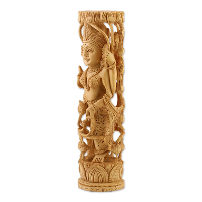 Wood statuette, 'Lakshmi, Goddess of Prosperity' - Hinduism Wood Sculpture Artisan Crafted