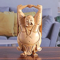 Wood statuette, 'Laughing Buddha' - Handcrafted Wood Buddha from India