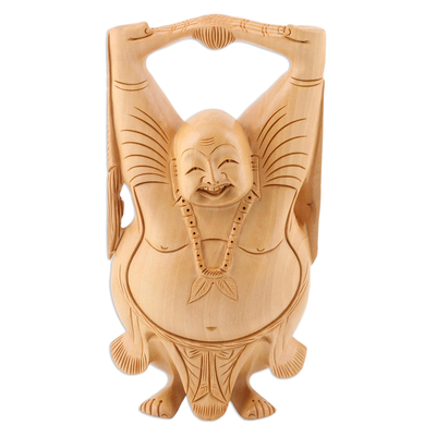 Wood statuette, 'Laughing Buddha' - Indian Religious Wood Sculpture
