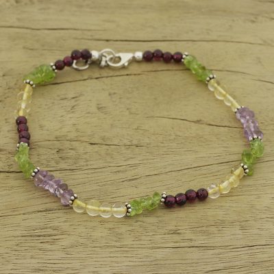 Gemstone anklet, 'Aurora' - Handcrafted Sterling Silver Beaded Multigem Anklet