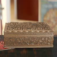 Walnut Jewellery box, 'Floral Dance' - Floral Wood Jewellery Box from India