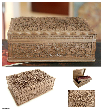 Walnut jewelry box, 'Floral Dance' - Floral Wood Jewelry Box from India