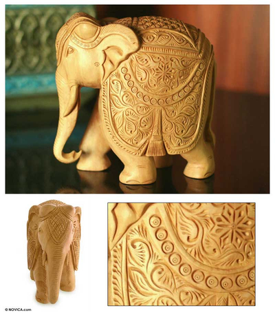 Wood sculpture, 'Elephant Majesty' - Fair Trade Hand Carved Wood Elephant Sculpture from India