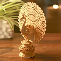 Wood sculpture, 'Peacock Pose' - Handcrafted Wooden Peacock Sculpture From India