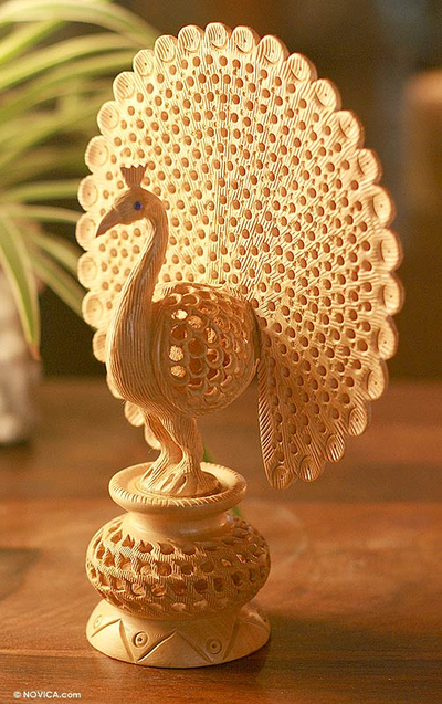 Wood sculpture, 'Peacock Pose' - Hand Carved Jali Style Wood Peacock Sculpture India