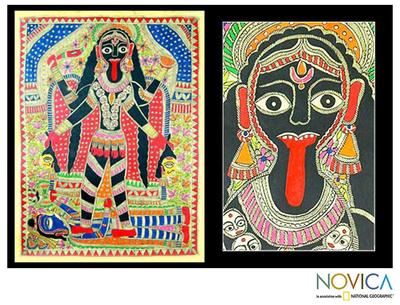Madhubani painting, 'Angry Goddess Kali' - Madhubani painting