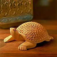 Wood statuette, 'Lucky Turtle' - Handcrafted Wooden Turtle Sculpture