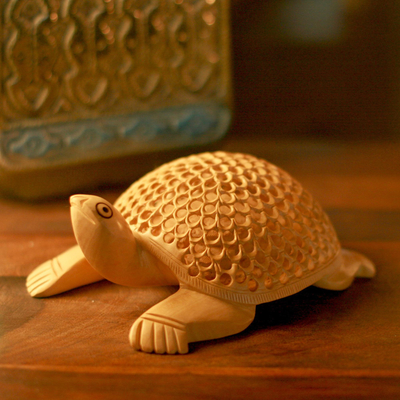 Wood statuette, 'Lucky Turtle' - Artisan Crafted Indian Sculpture Hand Carved in Wood