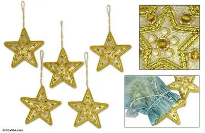 Beadwork ornaments, 'Glorious Star' (set of 5) - Gleaming Gold Stars Christmas Beadwork Ornaments Set of 5
